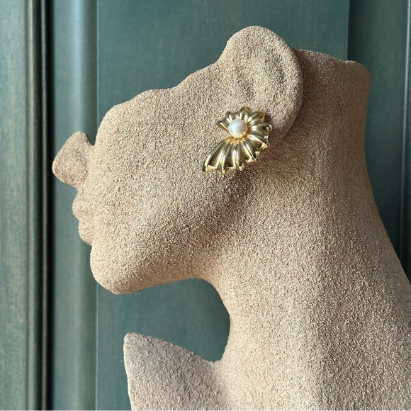 Gold Shell Pearl Statement Post Earrings - Picture 2 of 9